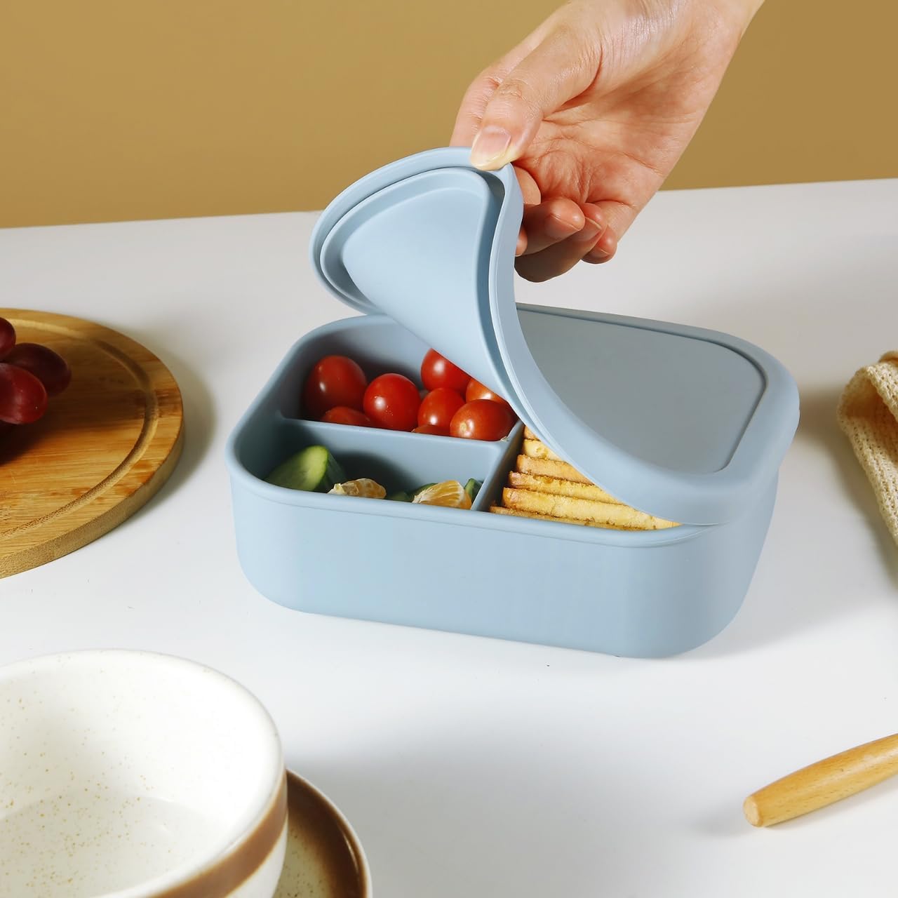 PandaEar 3-Compartment Silicone Bento Box for Toddlers & Kids - BPA-Free Food-Grade Meal Prep Container - Durable & Easy-Open Small Lunch Box for Daycare, Travel & Picnic, Blue