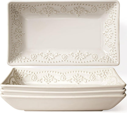 Artena 9.85" Ceramic Rectangle Plates Set of 4 - Deep Lipped Edges, Appetizer Salad Sushi Pasta Dessert Plates, Microwave/Oven Safe, Cute Kitchen Dinner Restaurant Serving Dishes (Wheat Leaf)