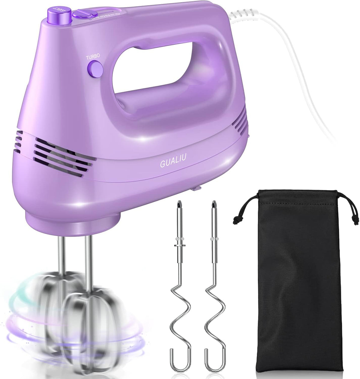 GUALIU Electric Hand Mixer, 304*(2* Beaters, 2* Dough Hooks), (1* Storage Bag) Handheld Mixer for Baking Cakes, Eggs, Cream Food Mixers, Turbo Boost /5 Speed Kitchen Blender PINK