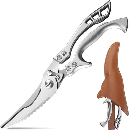 Zicolu Poultry Shears Heavy Duty Professional, Multipurpose Kitchen Shears with Sheath, Spring-Loaded Stainless Steel Chef Scissors Cutting Bone, Chicken, Fish, Food, Meat, Full Steel Handle Silver