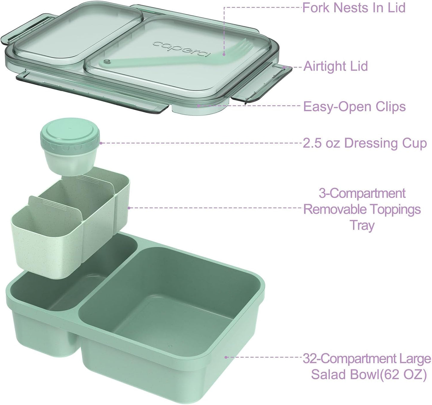 Caperci 2 Pack Salad Container for Lunch - 62 oz Large Bento Lunch Box for Adults, 2-Compartment Meal Prep Container with Removable Toppings Tray, Sauce Cup, Reusable Fork, BPA-Free (Purple & Green)