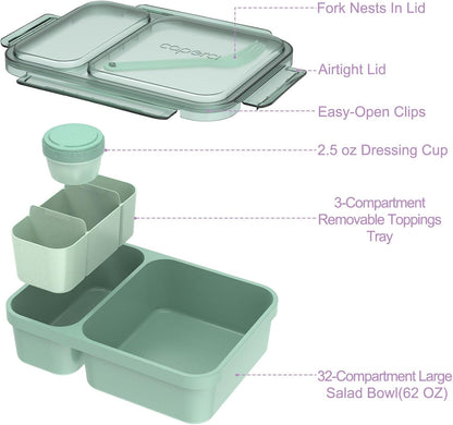 Caperci 2 Pack Salad Container for Lunch - 62 oz Large Bento Lunch Box for Adults, 2-Compartment Meal Prep Container with Removable Toppings Tray, Sauce Cup, Reusable Fork, BPA-Free (Purple & Green)