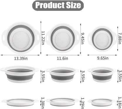 Collapsible Colanders Food Strainers, 3-Pack Foldable Kitchen Strainers with Over-Sink Water Draining Tray, Space Saving Kitchen Drainer for Vegetables, Fruit, Pasta and Rice (White-Gray)