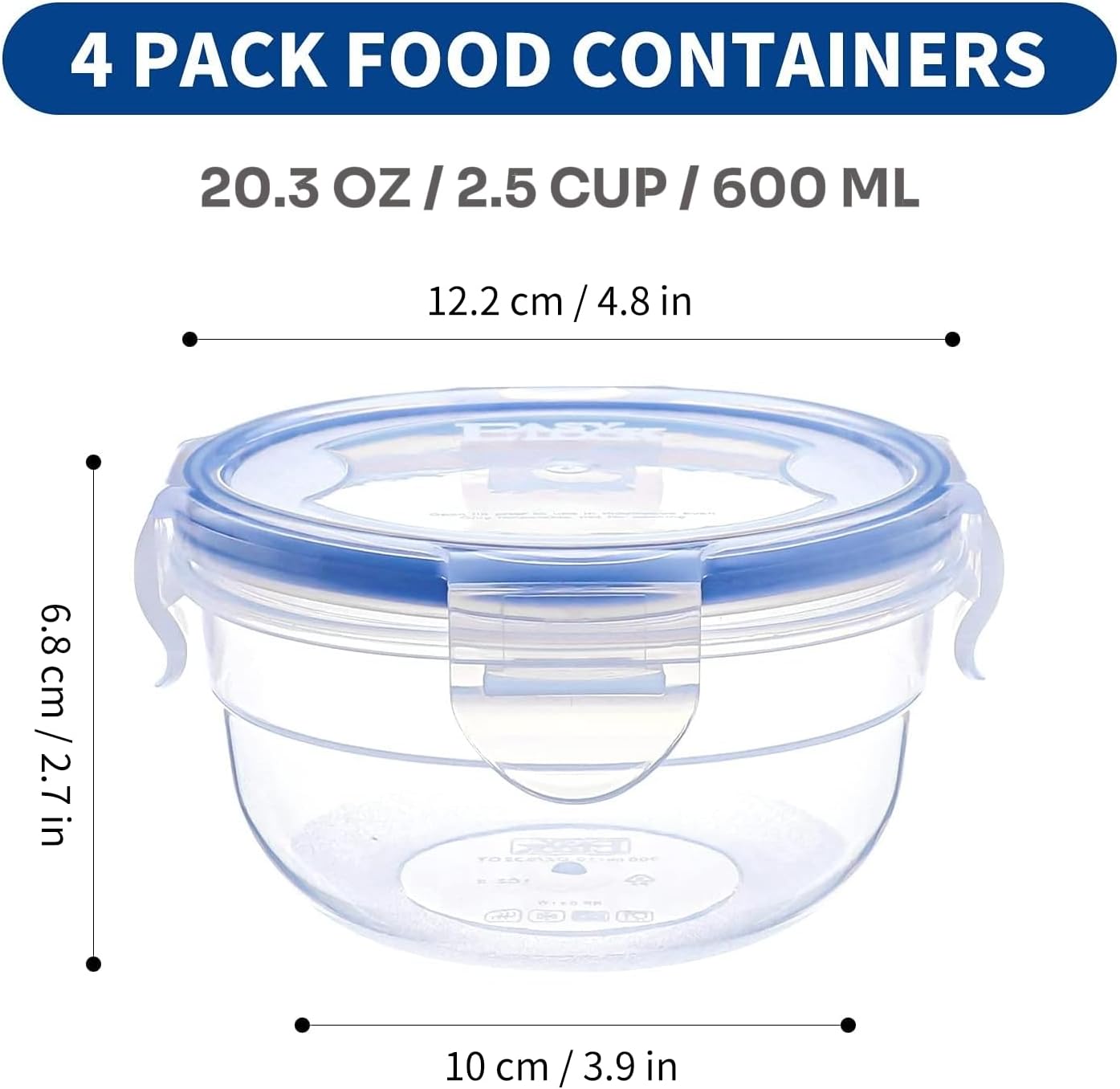 KIGI Airtight Reusable Meal Prep Containers, Leak-Proof & Stackable, 4-Sided Locking Lids, Ideal for Food Storage, Lunch & Leftovers, Microwave, Freezer & Dishwasher Safe, 39 oz, 4.8 Cup, 12 Piece Set