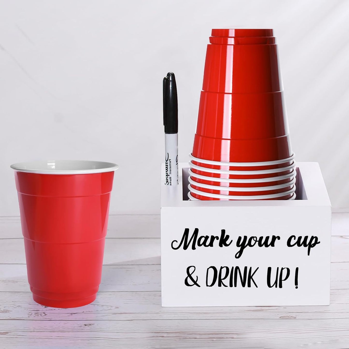 Wooden Cup Holder with Marker Slot, Disposable Plastic Party Cup Organizer for Holiday Gatherings - Hosting Essential to Mark Your Cup & Drink Up, Prevent Mix-Ups, Reduce Waste