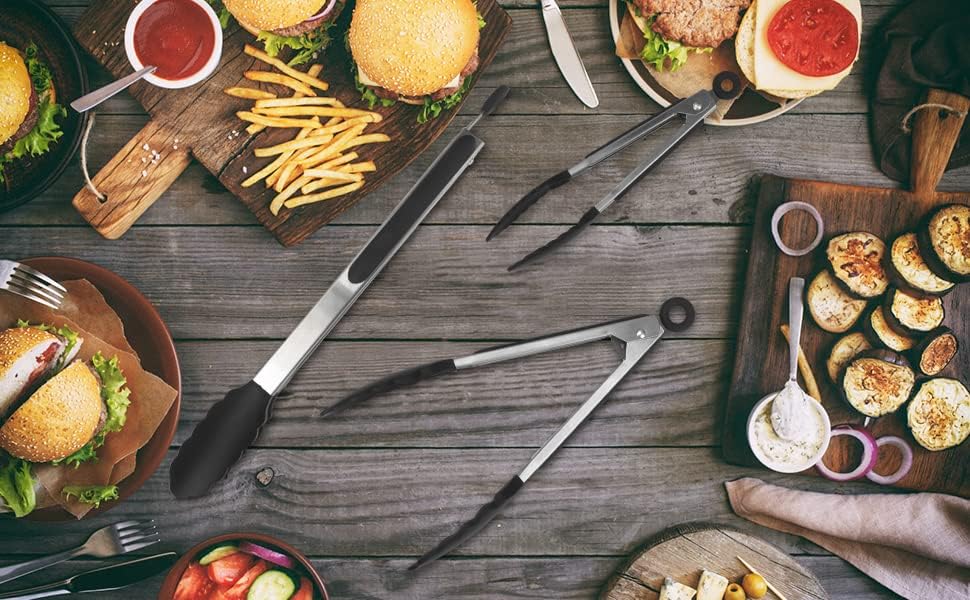 Serving Tongs Kitchen Tongs - Heat Resistant, Premium Stainless Steel Locking Cooking Tongs with Silicone Tips, Non-Slip Food Tongs for Cooking, Heavy Duty, Non-Stick (7 Inch)