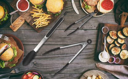 Serving Tongs Kitchen Tongs - Heat Resistant, Premium Stainless Steel Locking Cooking Tongs with Silicone Tips, Non-Slip Food Tongs for Cooking, Heavy Duty, Non-Stick (7 Inch)