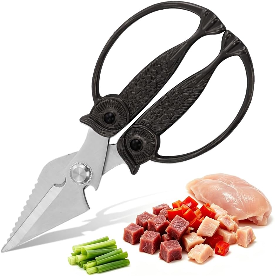 XSNBRD All Purpose Kitchen Scissors, Pearl Gold Stainless Owl Shears.