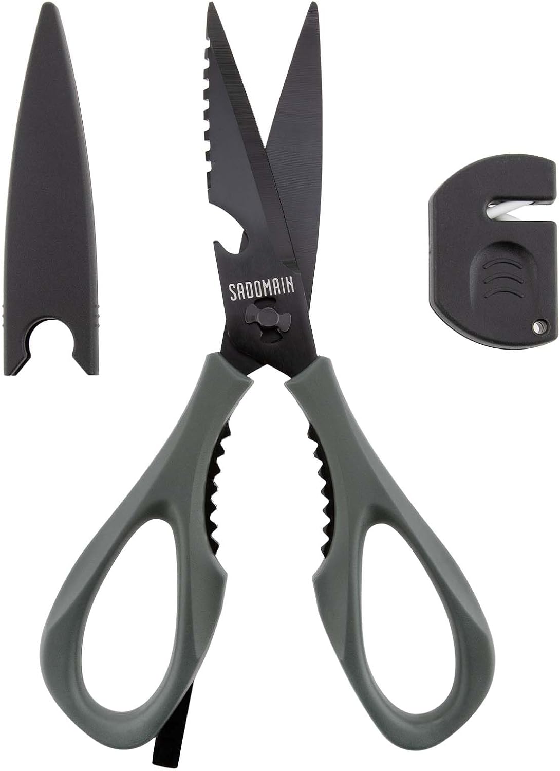 Kitchen Scissors All Purpose, Extra Sharp Kitchen Shears with Knife Sharpener & Sheath, Solid & Durable Stainless Steel Scissors with ANTI-RUST Black Titanium Plated, Dishwasher Safe - Black