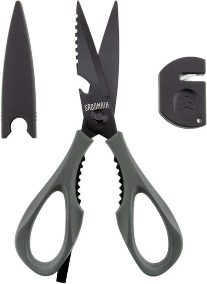 Kitchen Scissors All Purpose, Extra Sharp Kitchen Shears with Knife Sharpener & Sheath, Solid & Durable Stainless Steel Scissors with ANTI-RUST Black Titanium Plated, Dishwasher Safe - Black