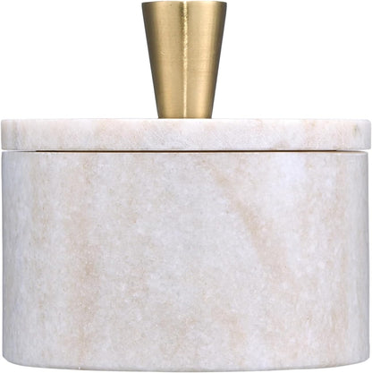 Queenza White Marble Salt Cellar with Lid and Brass Knob, 3 Inch Salt Box
