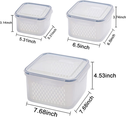 3Pack Fridge Food Storage Container Set with Lids with Strainer,Plastic Fresh Produce Saver Vegetable Fruit Meat Storage Organization, BPA-Free Plastic Produce Keepers(3.15L+1.7L+0.8L)