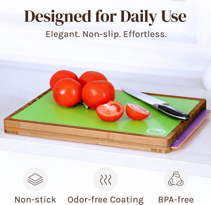 Bamboo Cutting Board Set with 6 Color Coded Flexible Mats Food Icons, BPA-Free Non Slip Easy Clean Cutting Boards for Kitchen with Holder, Dishwasher Safe, Meal Prep & Serving, Large | Cooler Kitchen