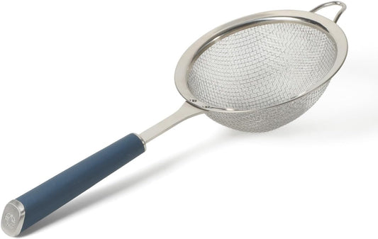 Calphalon Prime Edge 5-Inch Stainless Steel Strainer, Fine Mesh Kitchen Colander Strainer with Thermoplastic Rubber Handle, Sifter for Rinsing, Draining & Straining Food, Navy