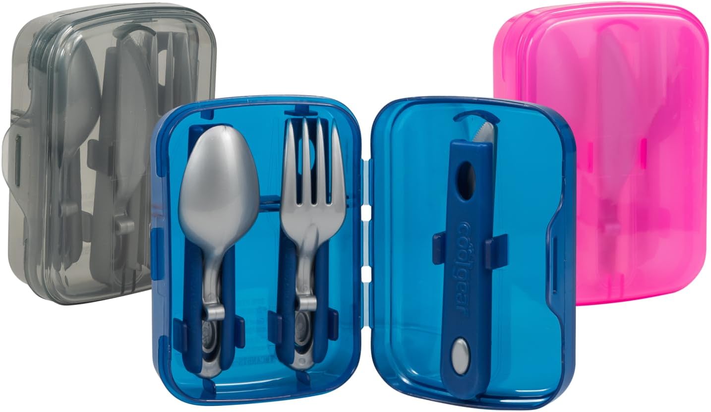 COOL GEAR 3-Pack Travel Reusable Utensil Set with Slider Carry Case | Portable Knife, Fork, Spoon Silverware, Eco-Friendly Cutlery for Camping, Picnics, Kids & Adults - Gray, Pink, & Blue