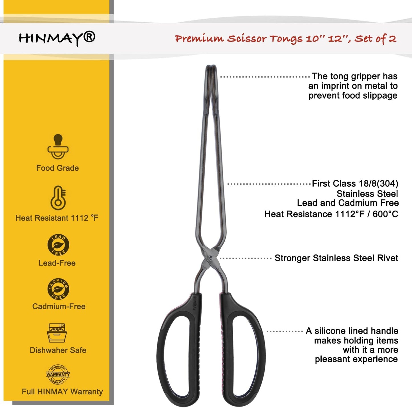 HINMAY Stainless Steel Scissor Tongs 10-Inch and 12-Inch Set, Set of 2