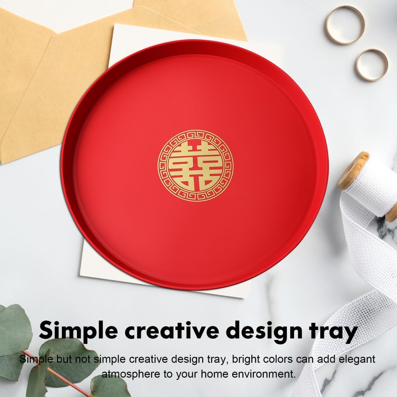 CHILDWEET Red Round Wedding Tray Chinese Style Snack Serving Platter for Candy Nuts Dried Fruits Weddings Parties and Chinese New Year Celebrations 12.6 Inch