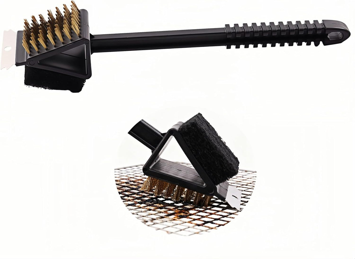 3-in-1 Grill Brush with Scraper & Scrub Pad, 14.5" Long Handle Brass Brush for BBQ Grill Cleaning, Heavy Duty Copper Bristles, Rust-Proof, Hanging Hook, Safe for Gas/Charcoal Grills