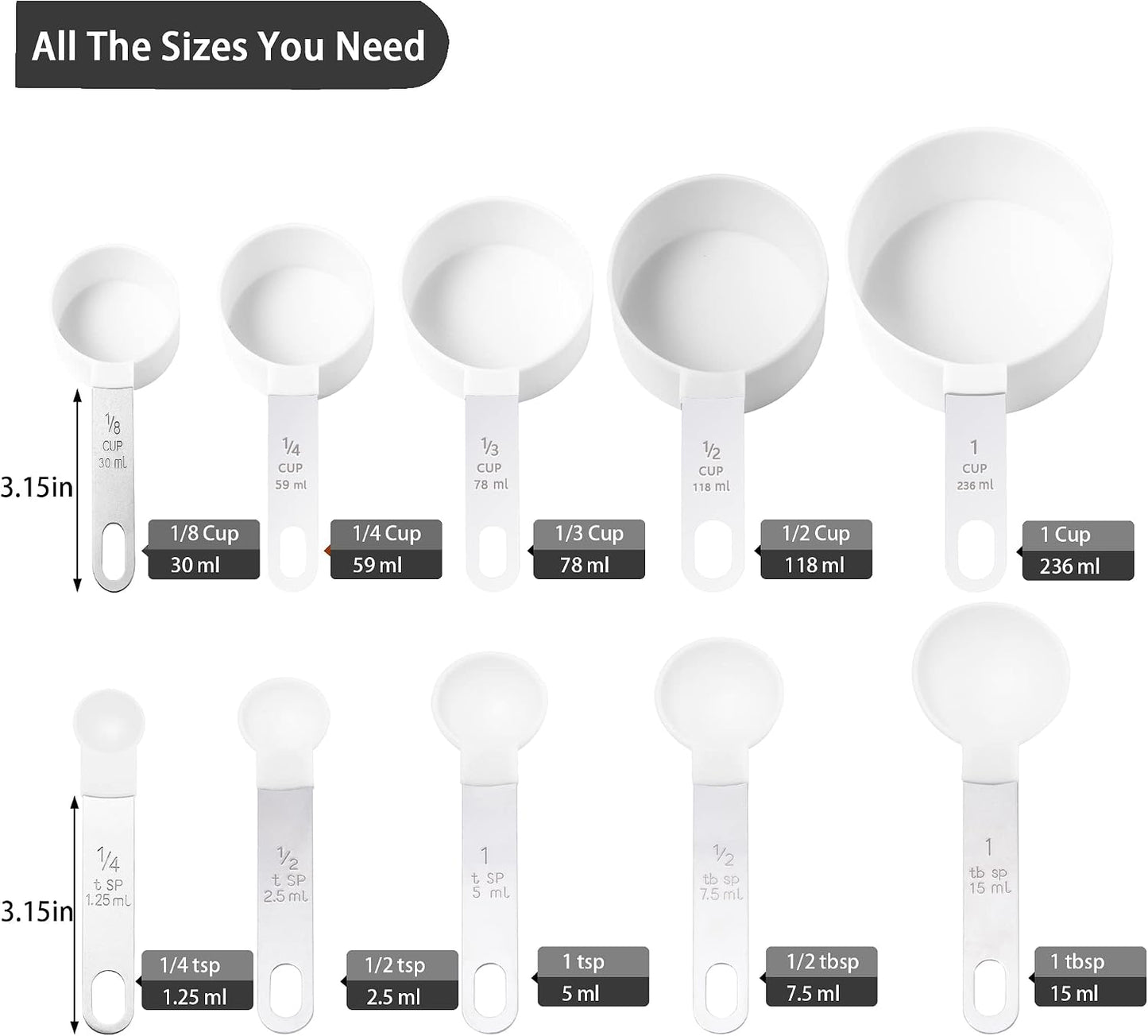 Measuring Cups and Spoons Set of Huygens Kitchen Gadgets 10 Pieces, Stackable Stainless Steel Handle Measuring Cups for Measuring Dry and Liquid Ingredient (Gray)