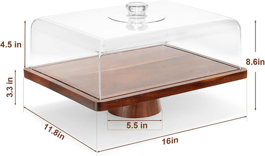 Acacia Wood Cake Stand with Lid,2-in-1 Large Rectangular Cake Stand,16*12"