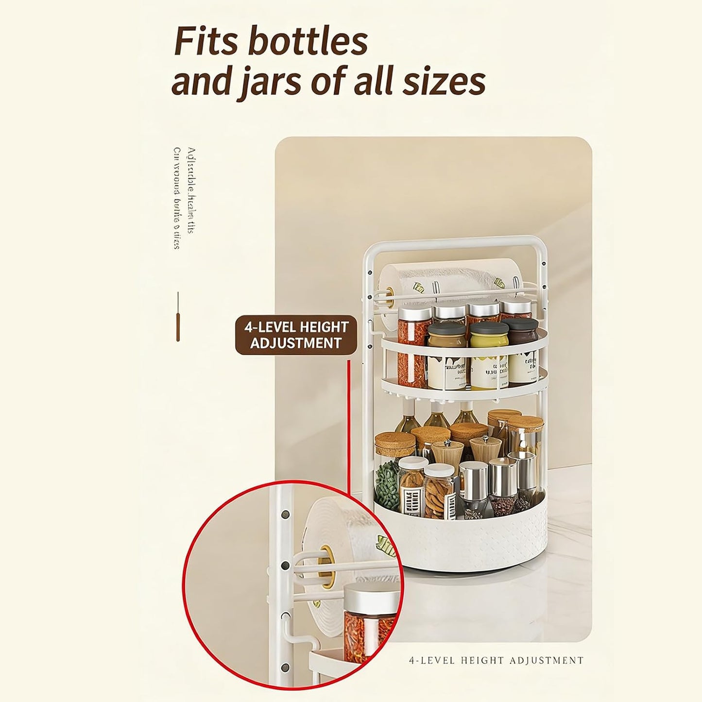 Rotating Condiment Rack with Detachable Holder Easy Assembly Seasoning Bottle Stand for Kitchen or Outdoor BBQ Use Easy Assembly Condiment with Nonslip Base Two Storage Layers for Cabinet or Outdoor