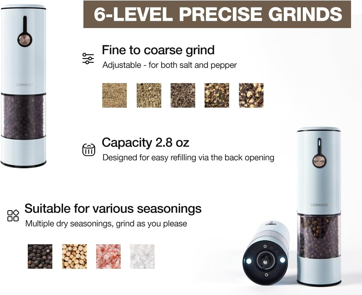 Stainless Steel Rechargeable Electric Salt and Pepper Grinder Set – USB Charging, One-Hand Electric Mill, Adjustable Coarseness, LED Light & Dust Cover –2pack(Greige & Buttercream)