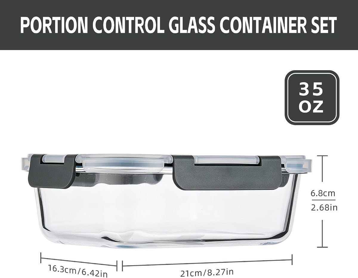 6-Pack 35oz Glass Food Storage Containers with Lids, Airtight BPA-Free Leakproof Meal Prep Containers, Microwave, Oven, Freezer & Dishwasher Safe Lunch Boxes for Home & Office
