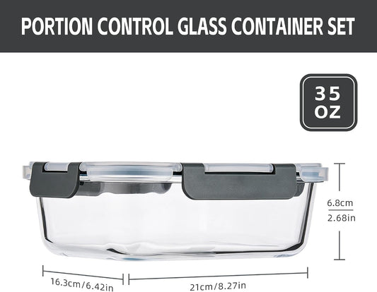 6-Pack 35oz Glass Food Storage Containers with Lids, Airtight BPA-Free Leakproof Meal Prep Containers, Microwave, Oven, Freezer & Dishwasher Safe Lunch Boxes for Home & Office