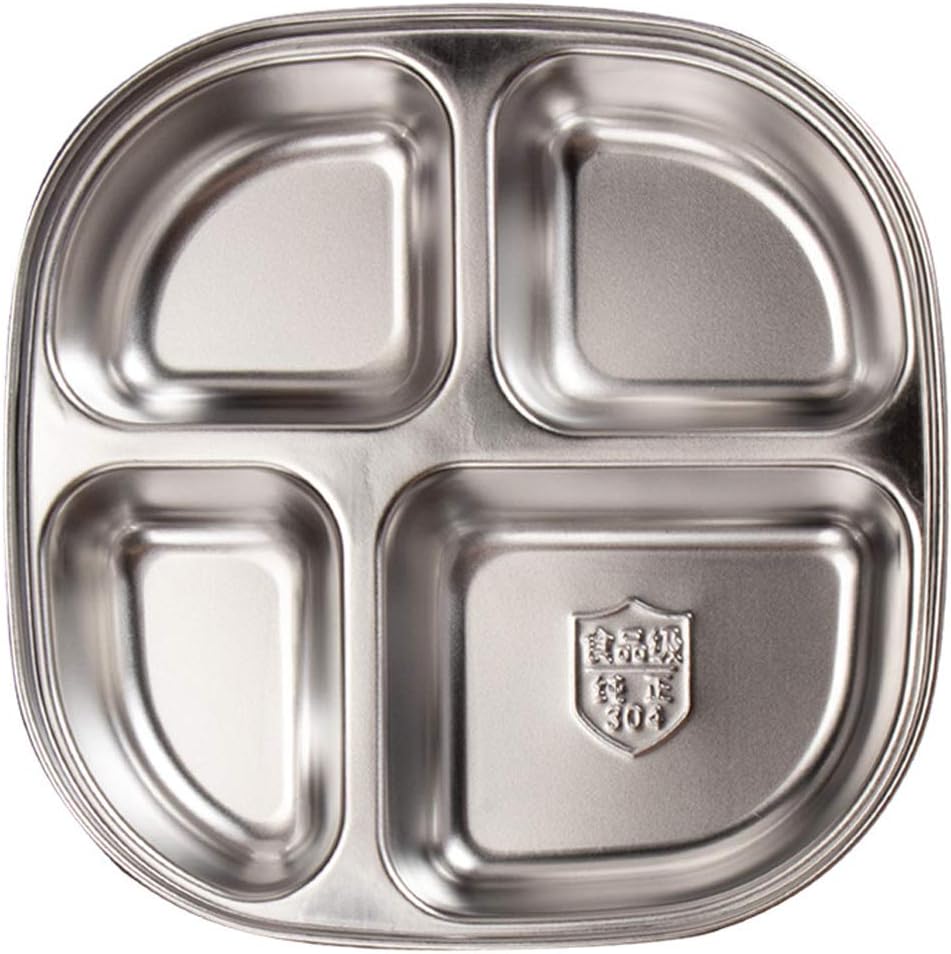 Set of 2 Stainless Steel Rectangular Divided Plates Tray 5 Sections Dinner Plates for Adults - Unbreakable Metal Plate for Campers, and Portion Control Reusable Plate