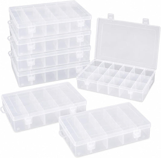 APACALI 6 Pack Plastic Organizer Box with Dividers, 18 Grids Clear Tackle Box Organizer, Adjustable Compartment Storage Boxes for Beads, Jewelry, Crafts, Fishing Lures, Screws and Small Parts