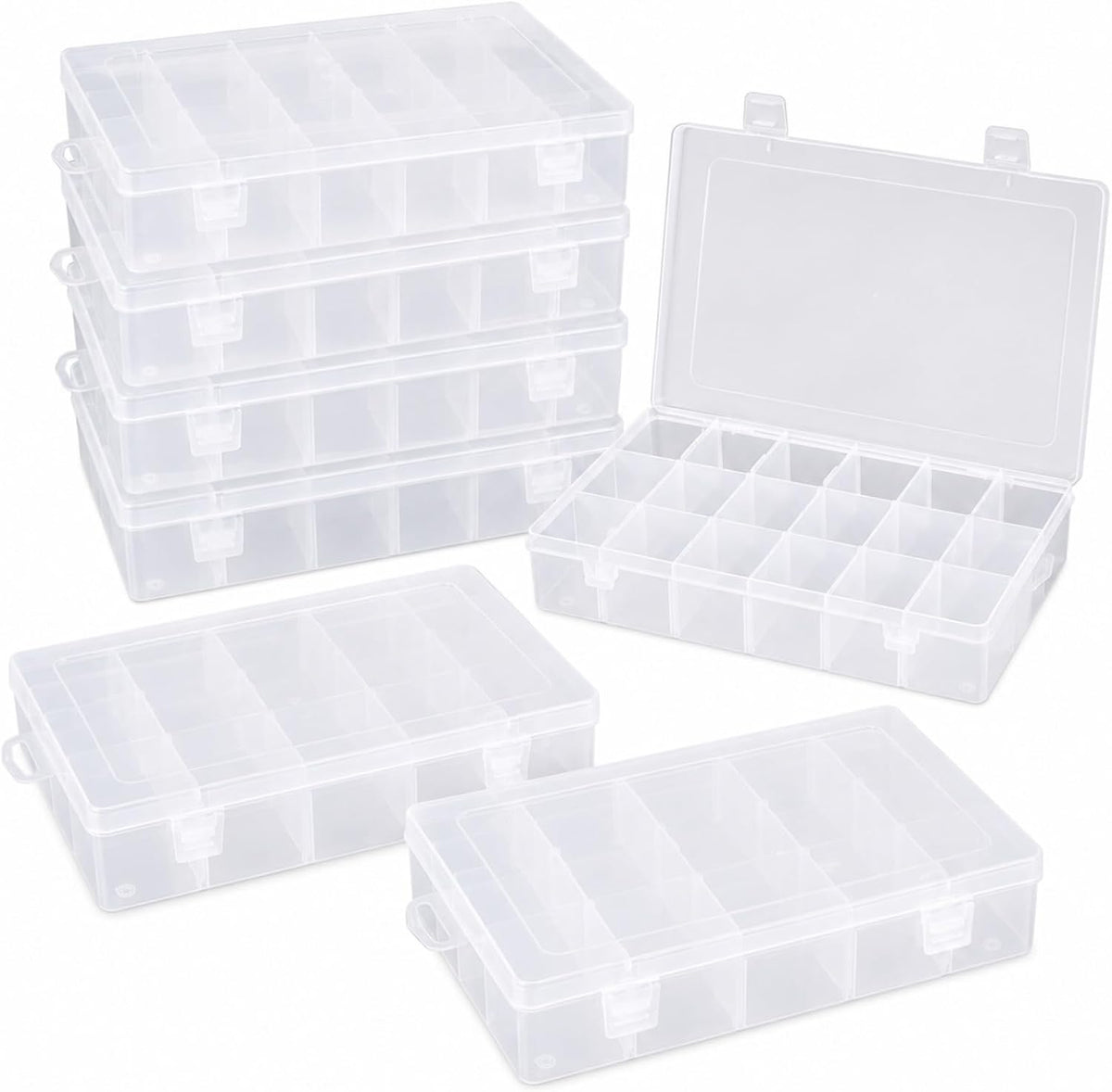 APACALI 6 Pack Plastic Organizer Box with Dividers, 18 Grids Clear Tackle Box Organizer, Adjustable Compartment Storage Boxes for Beads, Jewelry, Crafts, Fishing Lures, Screws and Small Parts
