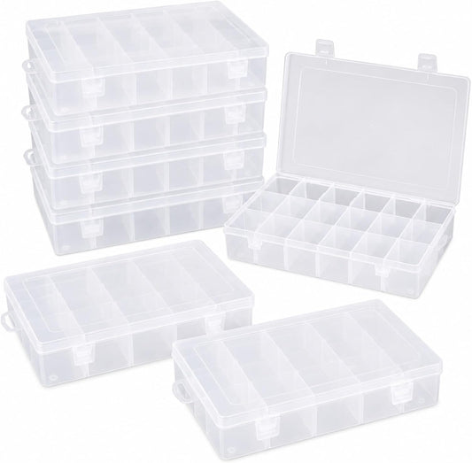 APACALI 6 Pack Plastic Organizer Box with Dividers, 18 Grids Clear Tackle Box Organizer, Adjustable Compartment Storage Boxes for Beads, Jewelry, Crafts, Fishing Lures, Screws and Small Parts