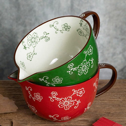 Gaolinci Cherry Blossom Pattern Kitchen Ceramic Mixing Bowl, 1 Quart Large Bowl, with Pouring Spout and Handle