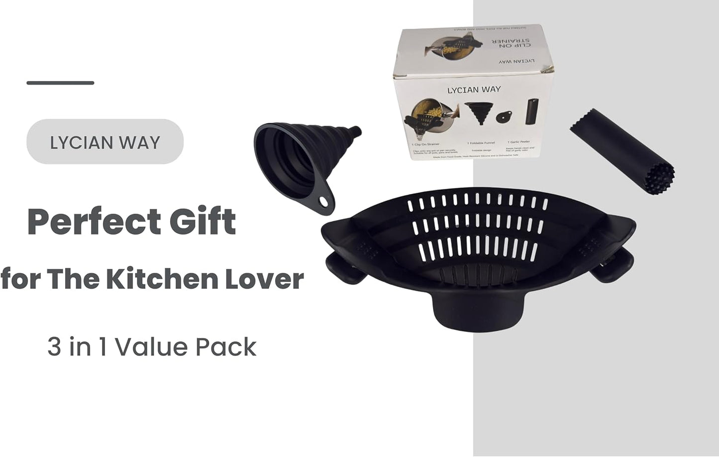 Clip On Strainer Silicone for Pots and Pans, Universal Fit Pasta Strainer and Pot Colander, Space Saving Food Drainer with Collapsible Funnel and Garlic Peeler, 3 Pcs Set, Gray