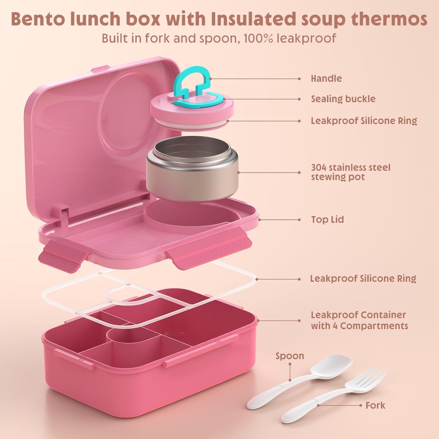 DaCool Upgraded Kids Lunch Box with Thermo for Hot Food 1400ml Child Bento Box for Kids with 5oz Small Thermo for Boys Girls with Fork Spoon Leakproof for Dining Out School Work Picnic, Blue