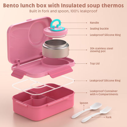 DaCool Upgraded Kids Lunch Box with Thermo for Hot Food 1400ml Child Bento Box for Kids with 5oz Small Thermo for Boys Girls with Fork Spoon Leakproof for Dining Out School Work Picnic, Blue