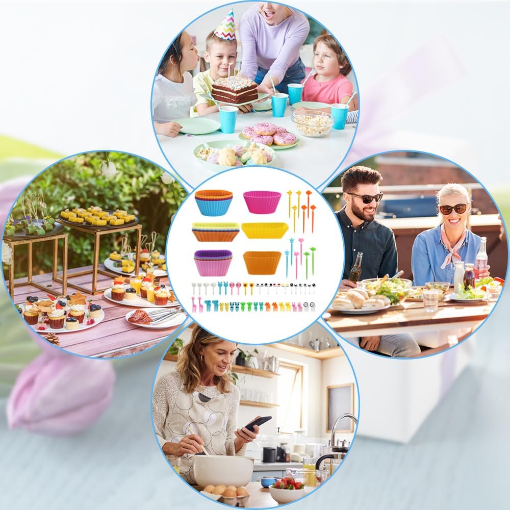 70 PCS Silicone Lunch Box Dividers Kit, SourceTon Bento Box Accessories,18pcs Silicone Cupcake Liners with 52pcs Food Picks