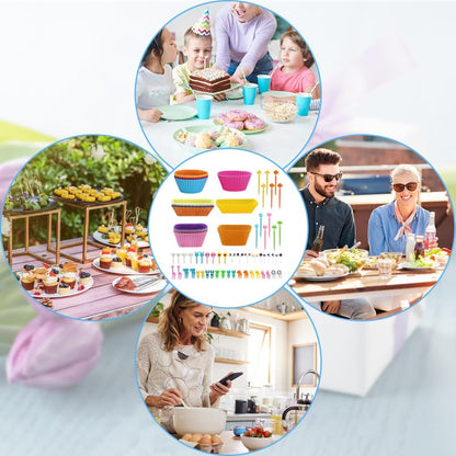 70 PCS Silicone Lunch Box Dividers Kit, SourceTon Bento Box Accessories,18pcs Silicone Cupcake Liners with 52pcs Food Picks