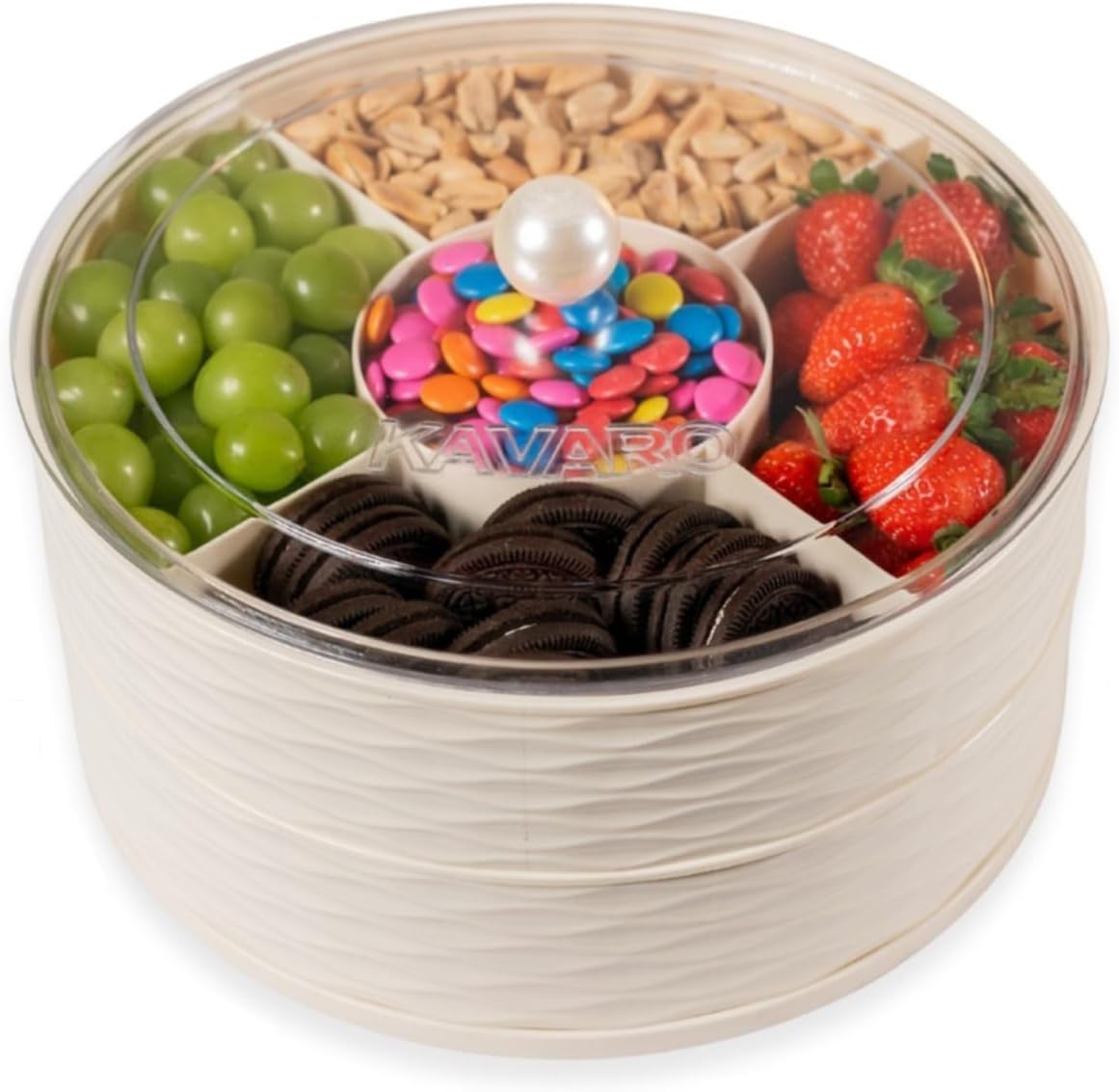 KAVARO Snack Tray with Lid – 2 Trays 1 Lid Large Circular Snackle Organizer - Snack Container – Reusable Divided Snack Spinner Tray with Compartments