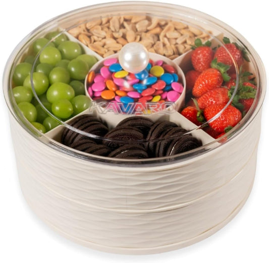KAVARO Snack Tray with Lid – 2 Trays 1 Lid Large Circular Snackle Organizer - Snack Container – Reusable Divided Snack Spinner Tray with Compartments