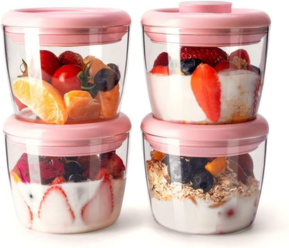 Glass Overnight Oats Containers with Lids, Meal Prep Containers Airtight Food Storage Containers Wide Mouth Snack Jars, Leakproof BPA-Free Pop Lid Bowl for Breakfast Leftovers 14oz 400ml Set of 4