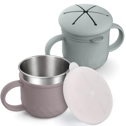BUSOHA 2 Pack Stainless Steel Snack Containers – 4 IN 1 Spill Proof Snack Cup for Kids with Silicone Lids,Reusable Toddler Snack Containers,Metal Food Storage for Lunch Box,Travel,Dark Purple+Gray