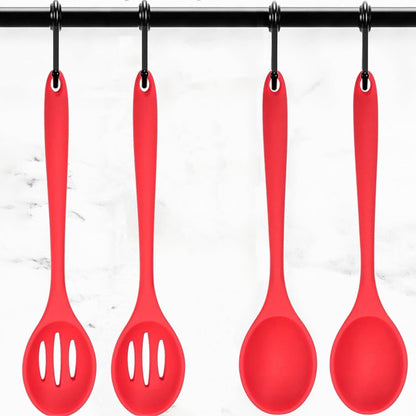Silicone Cooking Spoon, Nonstick Kitchen Spoons Set for Cooking,Slotted and Solid Serving Spoon Heat Resistant, Silicone Mixing Basting Stirring Spoons for Nonstick Cookware 4 Pack (Black)