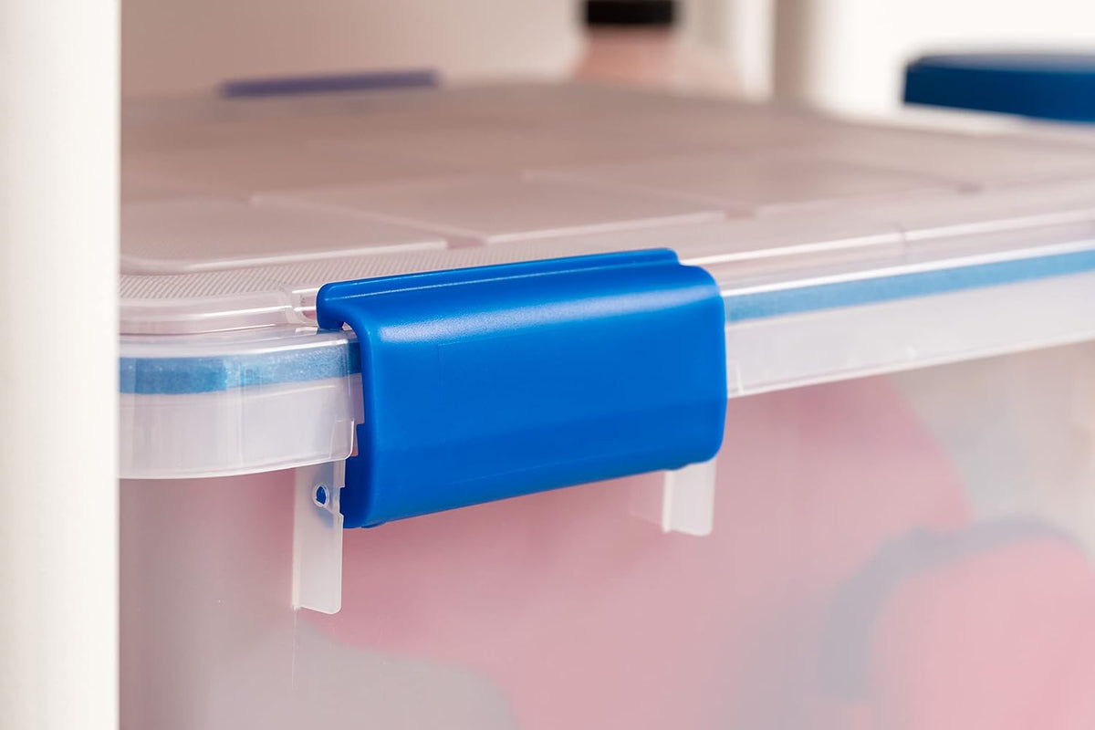 IRIS USA WeatherPro 16 Qt Storage Bins with Lids, 3 Pack, BPA-Free Plastic Gasket Box with Tight Latch and Seal, Stackable Nestable Tote Tub - Clear/Blue