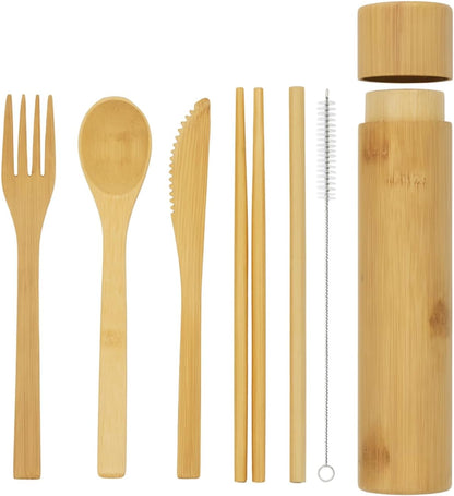 Eco-Friendly Travel Utensils Set: Lightweight Bamboo Forks, Spoons, Knives in Wooden Case, Reusable Utensils for Lunch Box, Kids Camping Cutlery, Sustainable Portable Flatware