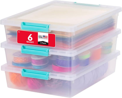 IRIS USA 12 Qt. Craft Storage Bins with Lids, 4-Pack, |Made in USA|, Clip Box, Medium Plastic Sensory Bin Tote Organizer Containers for Art Supplies, Paper, & Office, Stackable - Clear/Seafoam Blue
