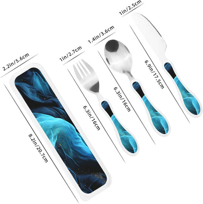 Stainless Steel Kids Silverware Set, Blue Fabric Utensil Set Reusable Children Safe Knife Spoon Fork Set With Storage Case Dishwasher Safe For Lunch, Travel Outdoors