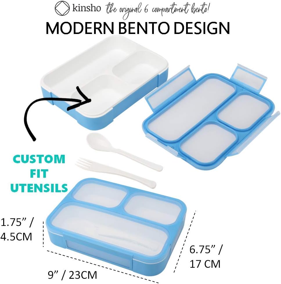 Bento Lunch Box Kids & Adults, Lunch and Snack Containers for Boys & Girls with 3 Compartments - School, Work Daycare, Meal Planning Portion Control Container, BPA-Free Boxes, Utensils, Blue 1 pack