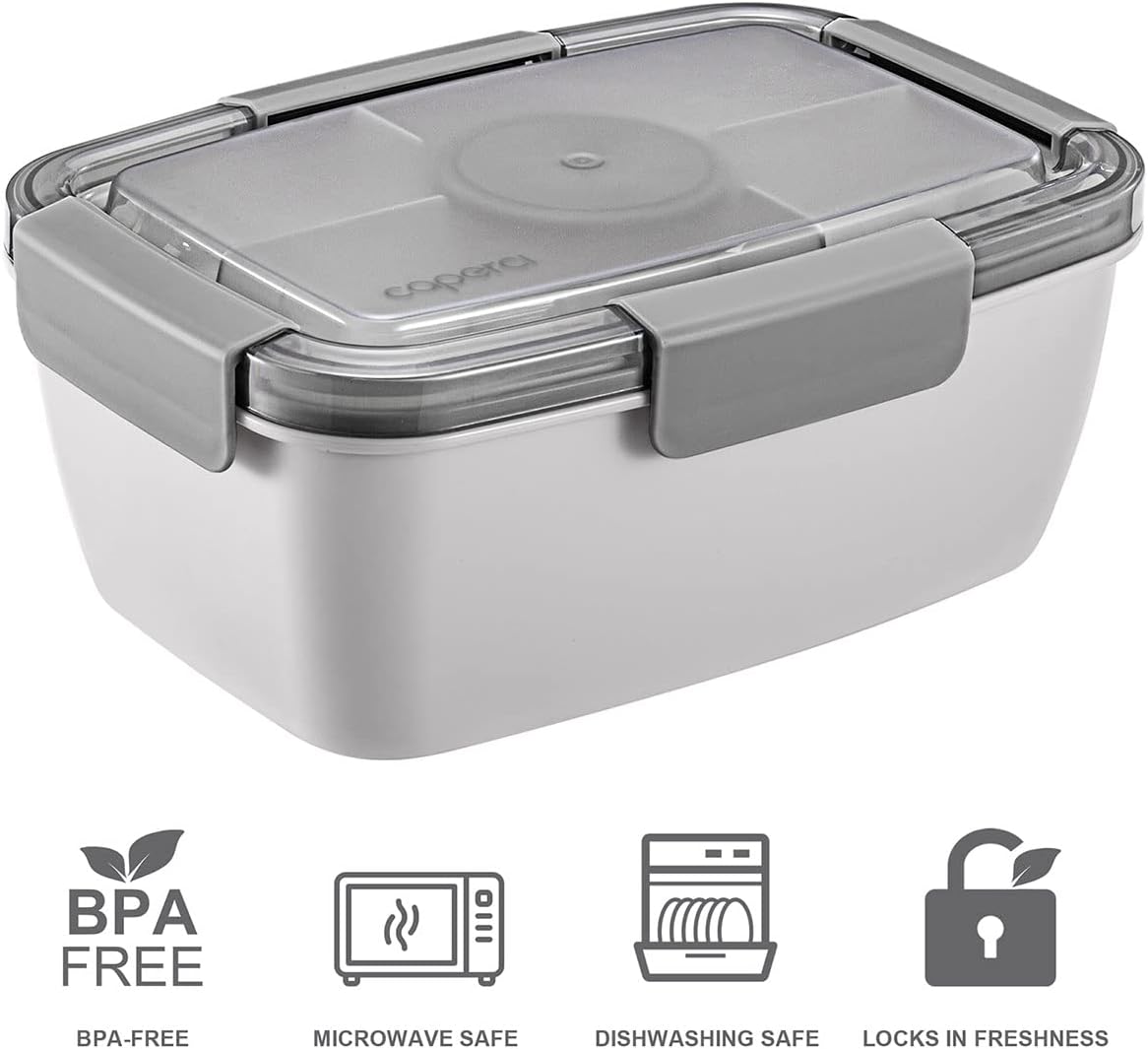 Caperci Large Salad Container Bowl for Lunch - Better Adult Bento Lunch Box 68 oz, 5-Compartment Tray, 2pcs 3-oz Sauce Cups, Stackable, BPA-Free (Navy)