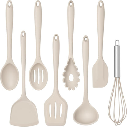TeamFar Silicone Cooking Utensils Set, 8 PCS Kitchen Utensils Set, 446°F Heat Resistant, Turner, Spatula, Spoon, Whisk, Kitchen Cooking Gadgets Tools for Nonstick Cookware, Dishwasher Safe-Khaki
